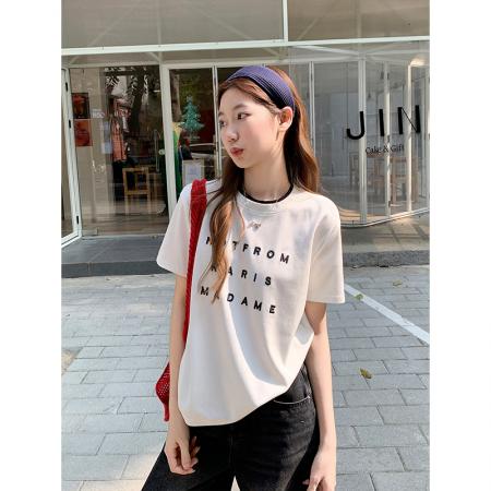 BY11196# 撞色圆领字母刺绣短袖t恤女新款宽松显瘦百搭正肩内搭小上衣 服裝批發女裝批發服飾貨源