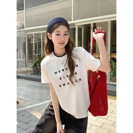 BY11196# 撞色圆领字母刺绣短袖t恤女新款宽松显瘦百搭正肩内搭小上衣 服裝批發女裝批發服飾貨源