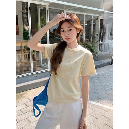 BY11196# 撞色圆领字母刺绣短袖t恤女新款宽松显瘦百搭正肩内搭小上衣 服裝批發女裝批發服飾貨源