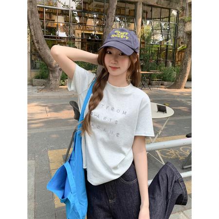 BY11196# 撞色圆领字母刺绣短袖t恤女新款宽松显瘦百搭正肩内搭小上衣 服裝批發女裝批發服飾貨源
