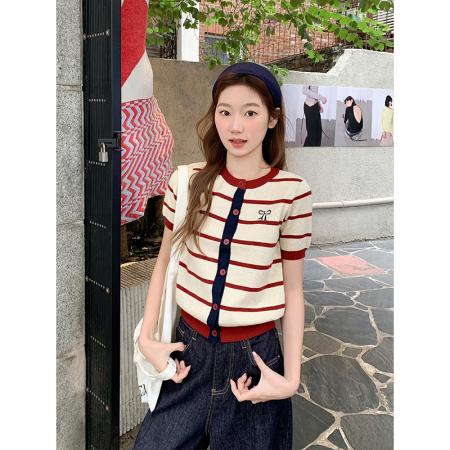 BY11197# 复古撞色条纹短袖针织开衫女早春新款修身显瘦百搭打底小上衣 服裝批發女裝批發服飾貨源