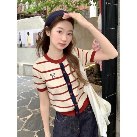 BY11197# 复古撞色条纹短袖针织开衫女早春新款修身显瘦百搭打底小上衣 服裝批發女裝批發服飾貨源