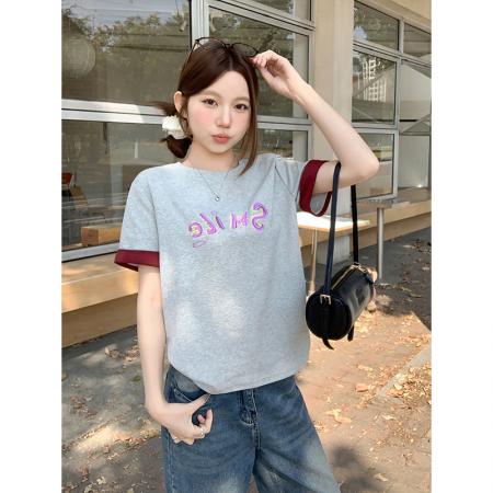 BY11198# 圆领撞色字母刺绣正肩t恤女夏季新款休闲宽松打底衫简约百搭上衣 服裝批發女裝批發服飾貨源