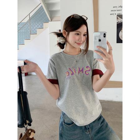 BY11198# 圆领撞色字母刺绣正肩t恤女夏季新款休闲宽松打底衫简约百搭上衣 服裝批發女裝批發服飾貨源