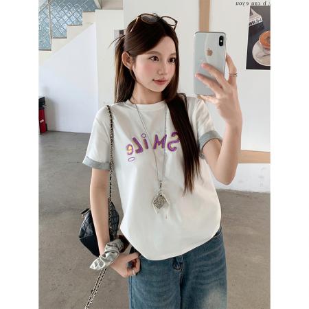 BY11198# 圆领撞色字母刺绣正肩t恤女夏季新款休闲宽松打底衫简约百搭上衣 服裝批發女裝批發服飾貨源