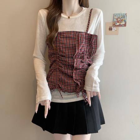 BY11199# 大码春季薄款假两件格子吊带长袖T恤女胖mm遮肉显瘦减龄上衣 服裝批發女裝批發服飾貨源