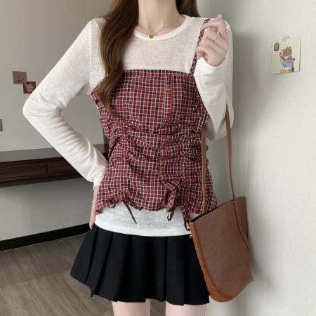 BY11199# 大码春季薄款假两件格子吊带长袖T恤女胖mm遮肉显瘦减龄上衣 服裝批發女裝批發服飾貨源