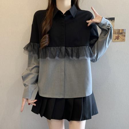 BY11201# 大码时尚撞色翻领网纱拼接休闲百搭长袖衬衫 服裝批發女裝批發服飾貨源