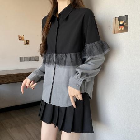 BY11201# 大码时尚撞色翻领网纱拼接休闲百搭长袖衬衫 服裝批發女裝批發服飾貨源