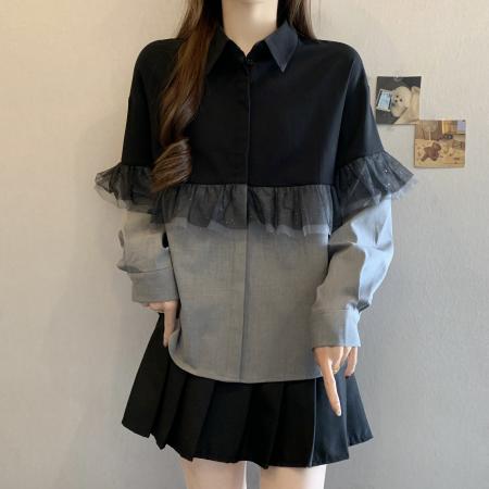 BY11201# 大码时尚撞色翻领网纱拼接休闲百搭长袖衬衫 服裝批發女裝批發服飾貨源