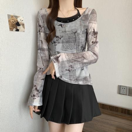 BY11202# 大码春夏新款美式街头气质设计感百搭网纱上衣 服裝批發女裝批發服飾貨源