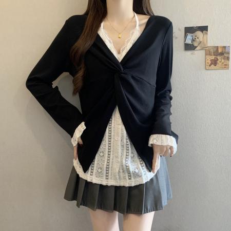 BY11203# 大码长袖t恤春款新款女装蕾丝拼接挂脖上衣胖mm打底衫 服裝批發女裝批發服飾貨源