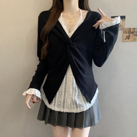 BY11203# 大码长袖t恤春款新款女装蕾丝拼接挂脖上衣胖mm打底衫 服裝批發女裝批發服飾貨源