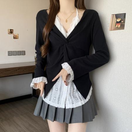 BY11203# 大码长袖t恤春款新款女装蕾丝拼接挂脖上衣胖mm打底衫 服裝批發女裝批發服飾貨源