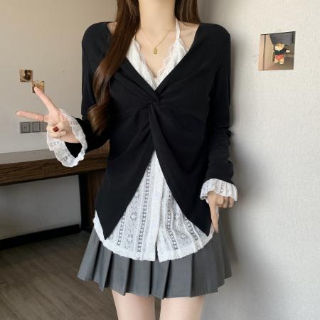 BY11203# 大码长袖t恤春款新款女装蕾丝拼接挂脖上衣胖mm打底衫 服裝批發女裝批發服飾貨源