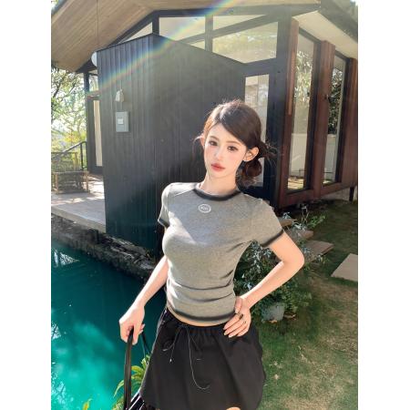 BY11204# 春季复古辣妹渐变涂鸦圆领短款短袖T恤修身显瘦短款上衣 服裝批發女裝批發服飾貨源