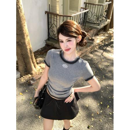 BY11204# 春季复古辣妹渐变涂鸦圆领短款短袖T恤修身显瘦短款上衣 服裝批發女裝批發服飾貨源