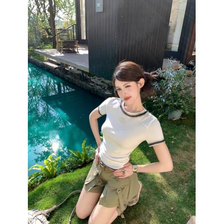 BY11204# 春季复古辣妹渐变涂鸦圆领短款短袖T恤修身显瘦短款上衣 服裝批發女裝批發服飾貨源