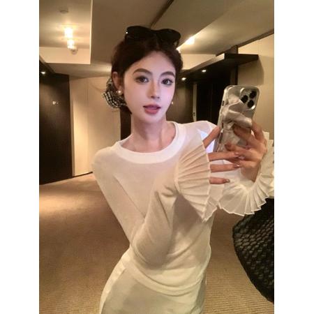 BY11208# 春季性感辣妹风喇叭袖微透显瘦T恤女短款收腰内搭打底衫 服裝批發女裝批發服飾貨源