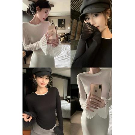 BY11208# 春季性感辣妹风喇叭袖微透显瘦T恤女短款收腰内搭打底衫 服裝批發女裝批發服飾貨源