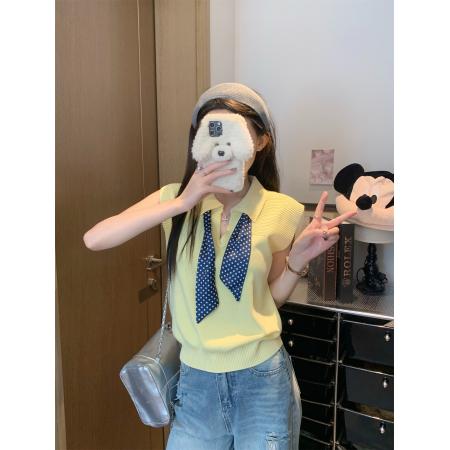 BY11209# polo领针织T恤女夏学院风修身显瘦短款波点丝巾上衣 服裝批發女裝批發服飾貨源