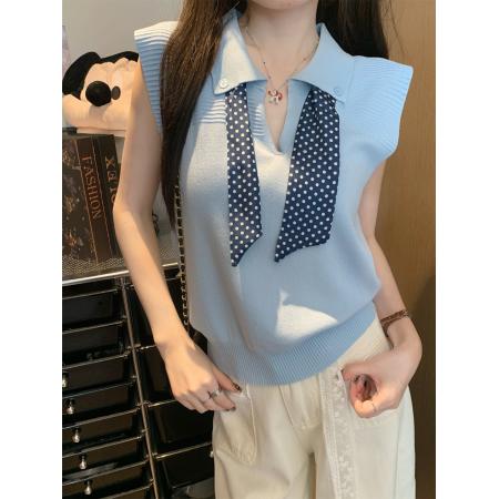 BY11209# polo领针织T恤女夏学院风修身显瘦短款波点丝巾上衣 服裝批發女裝批發服飾貨源