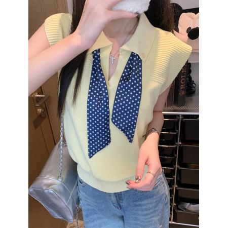 BY11209# polo领针织T恤女夏学院风修身显瘦短款波点丝巾上衣 服裝批發女裝批發服飾貨源