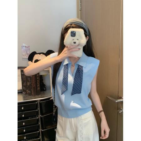 BY11209# polo领针织T恤女夏学院风修身显瘦短款波点丝巾上衣 服裝批發女裝批發服飾貨源