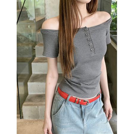 BY11211# 一字领露肩修身显瘦撞色条纹短袖T恤上衣春夏季女 服裝批發女裝批發服飾貨源