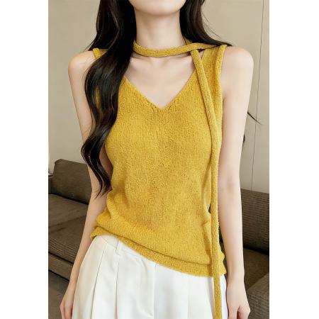 BY11212# 多巴胺V领针织吊带背心女夏内搭别致挂脖飘带上衣 服裝批發女裝批發服飾貨源