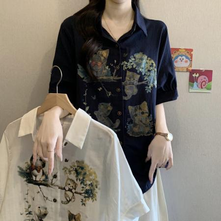 BY11213# 大码女装夏装印花衬衫宽松显瘦遮肉减龄气质遮肉短袖上衣 服裝批發女裝批發服飾貨源