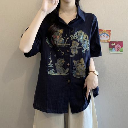 BY11213# 大码女装夏装印花衬衫宽松显瘦遮肉减龄气质遮肉短袖上衣 服裝批發女裝批發服飾貨源