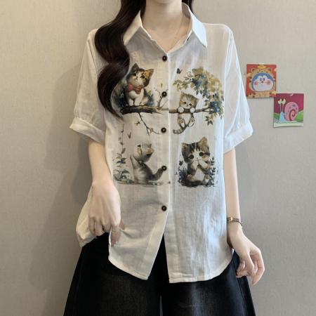 BY11213# 大码女装夏装印花衬衫宽松显瘦遮肉减龄气质遮肉短袖上衣 服裝批發女裝批發服飾貨源