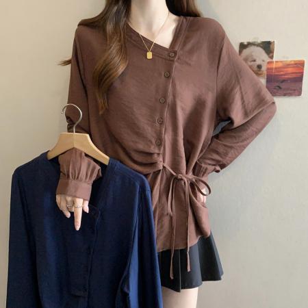 BY11214# 大码女装春装新款v领收腰显瘦遮肉时尚设计感长袖衬衫上衣潮 服裝批發女裝批發服飾貨源