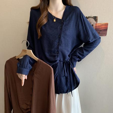 BY11214# 大码女装春装新款v领收腰显瘦遮肉时尚设计感长袖衬衫上衣潮 服裝批發女裝批發服飾貨源