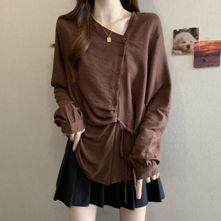 BY11214# 大码女装春装新款v领收腰显瘦遮肉时尚设计感长袖衬衫上衣潮 服裝批發女裝批發服飾貨源