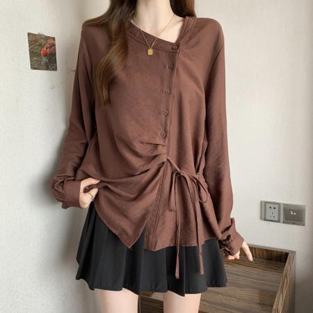 BY11214# 大码女装春装新款v领收腰显瘦遮肉时尚设计感长袖衬衫上衣潮 服裝批發女裝批發服飾貨源