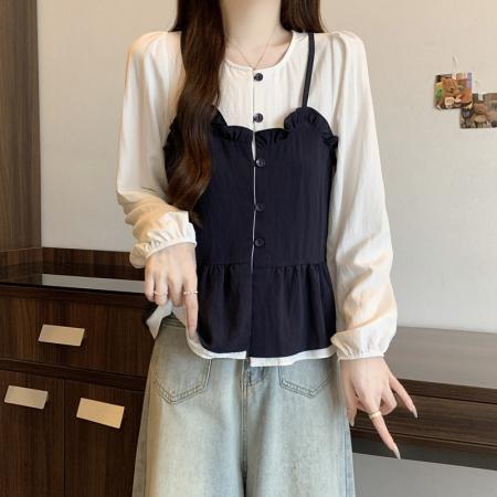 BY11215# 大码女装春季新款遮肉显瘦减龄拼接木耳边假两件宽松长袖上衣 服裝批發女裝批發服飾貨源