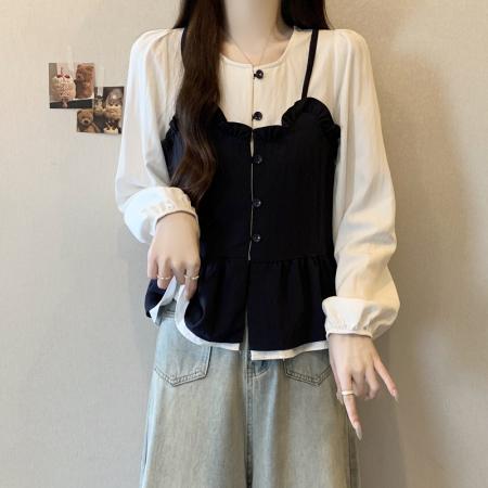 BY11215# 大码女装春季新款遮肉显瘦减龄拼接木耳边假两件宽松长袖上衣 服裝批發女裝批發服飾貨源