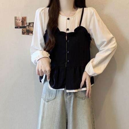 BY11215# 大码女装春季新款遮肉显瘦减龄拼接木耳边假两件宽松长袖上衣 服裝批發女裝批發服飾貨源