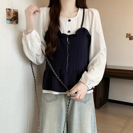 BY11215# 大码女装春季新款遮肉显瘦减龄拼接木耳边假两件宽松长袖上衣 服裝批發女裝批發服飾貨源