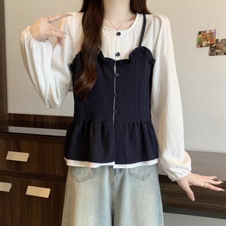 BY11215# 大码女装春季新款遮肉显瘦减龄拼接木耳边假两件宽松长袖上衣 服裝批發女裝批發服飾貨源