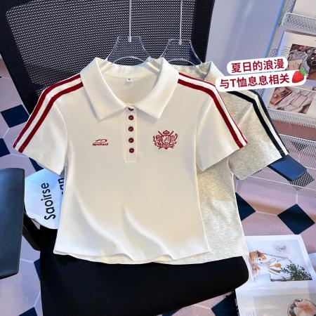 BY11223# 夏季新款女装T恤刺绣辣妹短袖正肩修身学院风小个子 服裝批發女裝批發服飾貨源