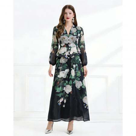 BY11224# 春夏季成衣粉色花卉印花飘逸风格两件套荷叶边裙 服裝批發女裝批發服飾貨源