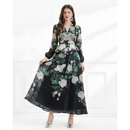 BY11224# 春夏季成衣粉色花卉印花飘逸风格两件套荷叶边裙 服裝批發女裝批發服飾貨源