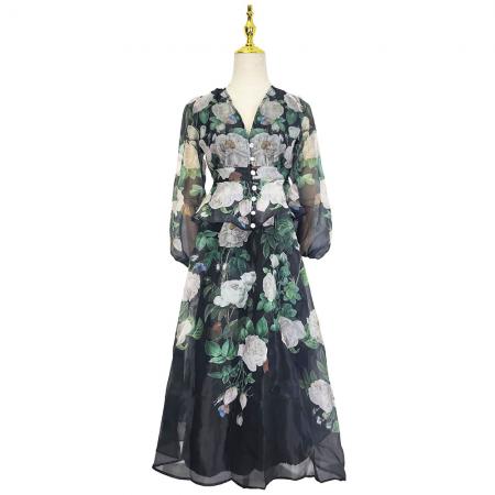 BY11224# 春夏季成衣粉色花卉印花飘逸风格两件套荷叶边裙 服裝批發女裝批發服飾貨源