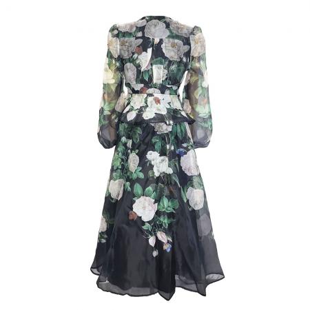 BY11224# 春夏季成衣粉色花卉印花飘逸风格两件套荷叶边裙 服裝批發女裝批發服飾貨源