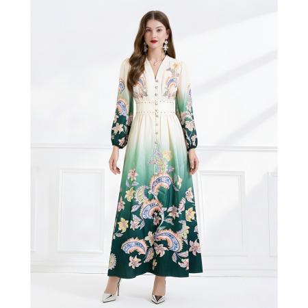 BY11225# 早春复古印花V领渐变灯笼袖收腰荷叶边裙 服裝批發女裝批發服飾貨源