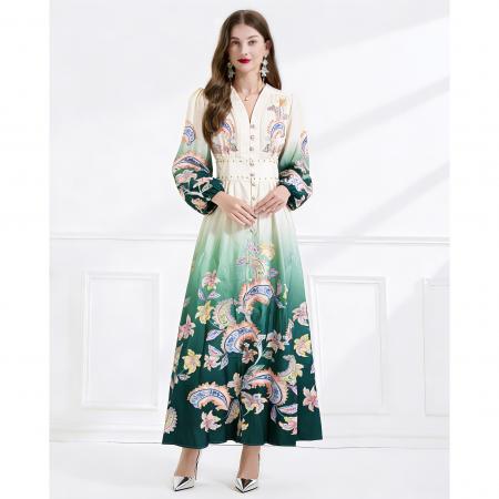 BY11225# 早春复古印花V领渐变灯笼袖收腰荷叶边裙 服裝批發女裝批發服飾貨源