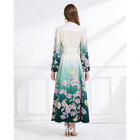 BY11225# 早春复古印花V领渐变灯笼袖收腰荷叶边裙 服裝批發女裝批發服飾貨源